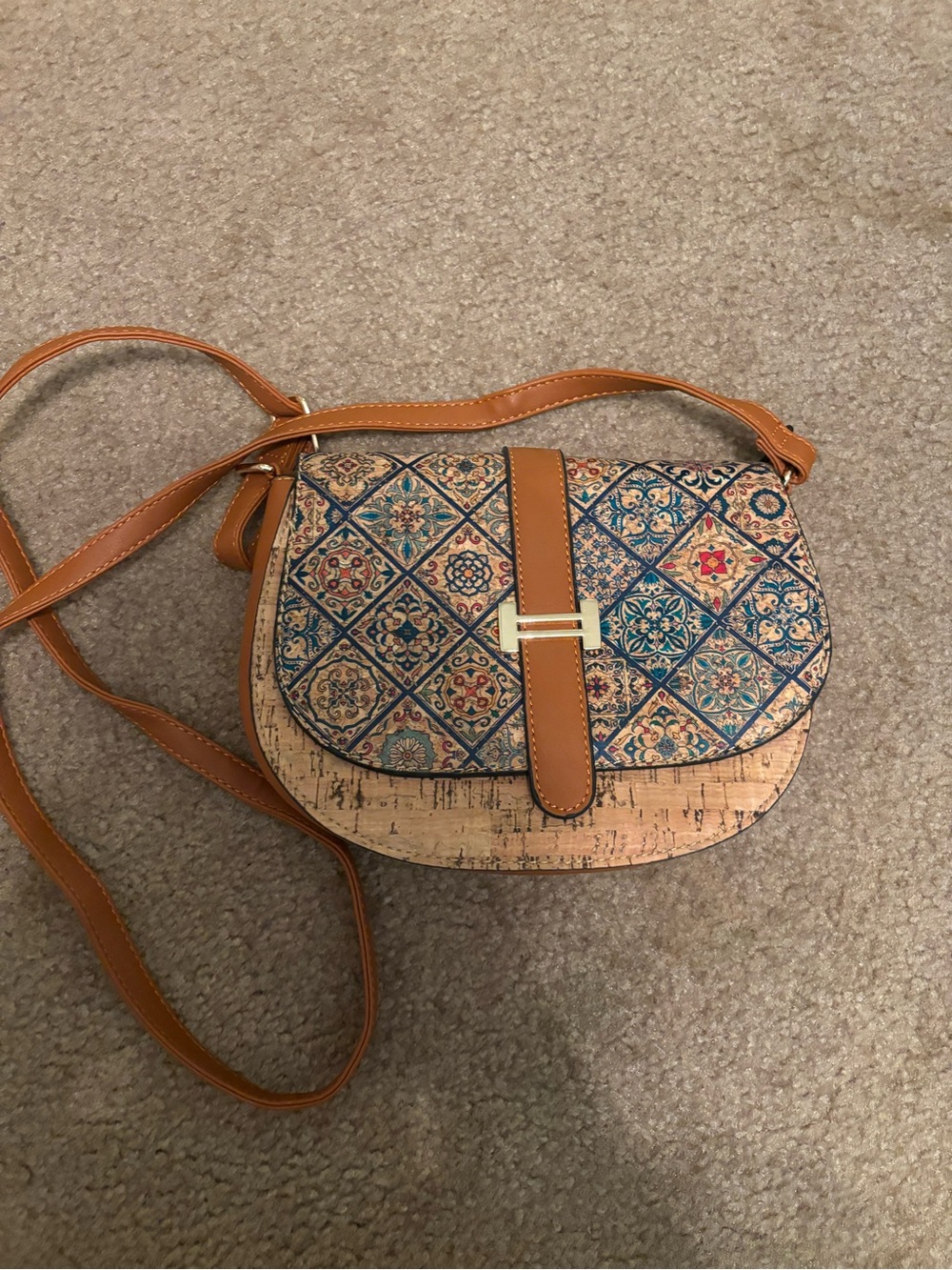 French Azulejo Cork Crossbody Bag Tile Print Gold H Buckle Purse